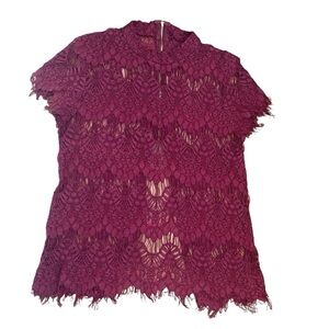 INNY Burgundy Plum Lace Eyelash Detail Top Shirt Women Small Open Back